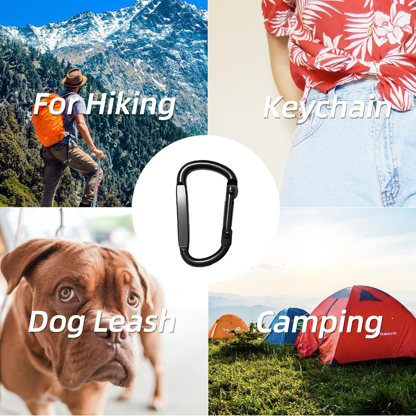 EZYA Carabiner Clips Heavy Duty, 2.4" Small D Ring Caribiniers - for Keychains, Camping, Hiking, Dog Leash, Black, 6PCS
