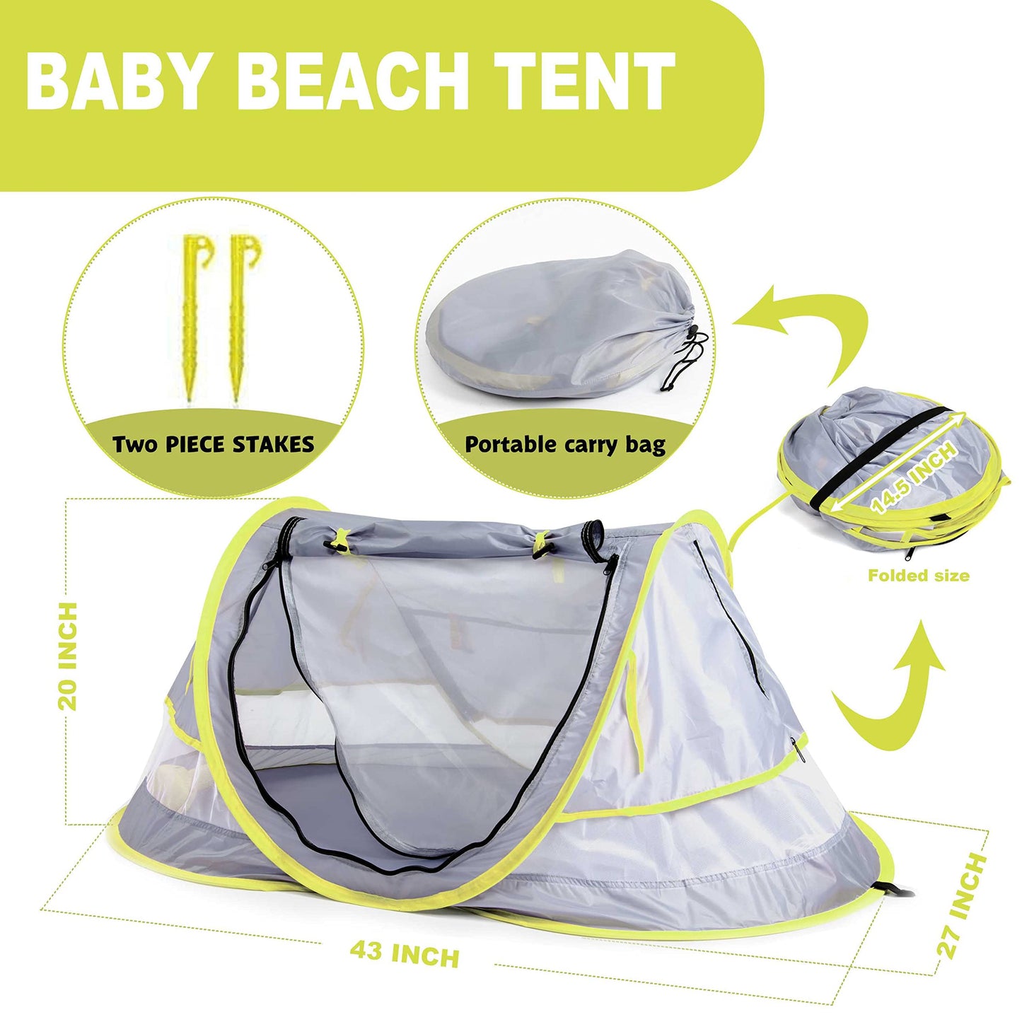 Baby Beach Pop Up Tent - UPF 50+ Sun Shade with Mosquito Net, Sun Shelter for Girls Boys, Beach Umbrella for Infant (Green)