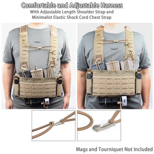 Gwild Concepts Tactical Chest Rig, MOLLE Micro Fight Airsoft Vest with Adjustable Harness, 5.56 Magazine Pouch Holder, 9mm Mag pouch, Abdominal Drop Panel, Coyote Brown
