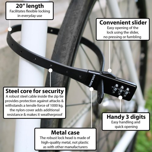 KOHLBURG Lightweight zip tie bike lock [20" short & secure 3-digit Combination Bike Lock] - compact & small cable lock as combo bike lock & helmet locks - bicycle accessories scooter stroller ski kids