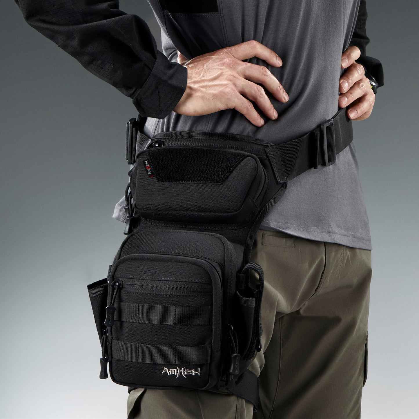 AMHEH Drop Leg Thigh Bag Hip Pouch 4.5L Black | Military, Tactical, Motorcycle, Bike, Cycling, Hiking, Outdoor, Adjustable for Waists Up to 59 Inches