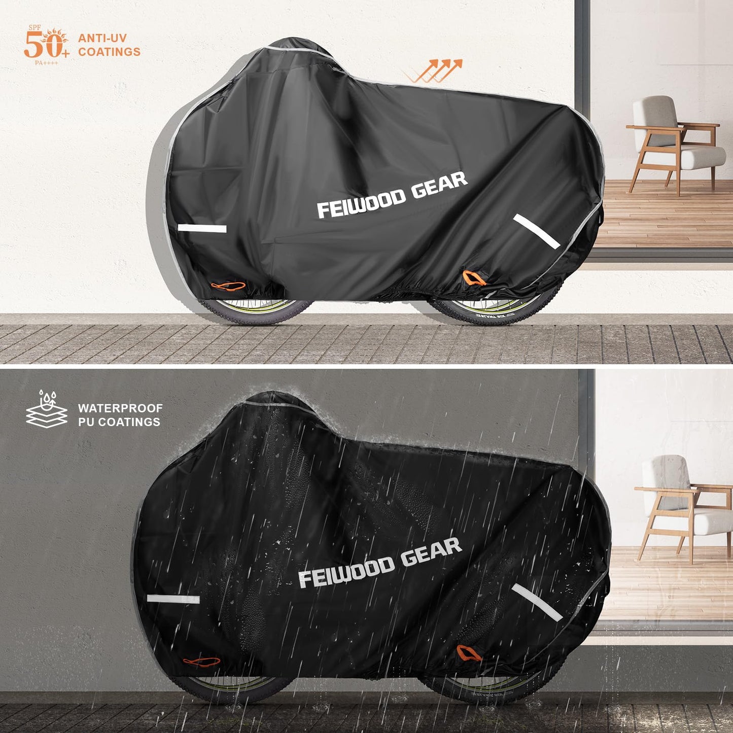 FEIWOOD GEAR Bike Cover for Transport 2 Bikes on Rack, Double Heavy Duty 420D on Handlebar & Pedal, Waterproof Bicycle Cover Outdoor Storage on Rear Bike Rack