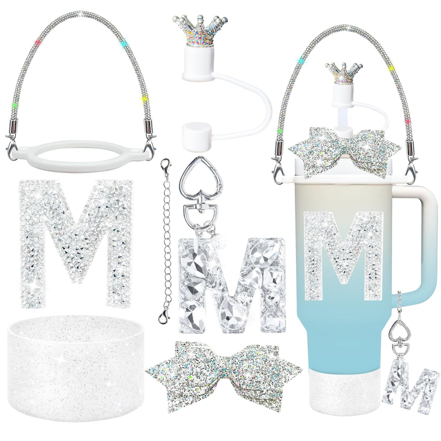 8Pcs Silvery Stanley Cup Accessories Set for Stanley Cup 30&40 Oz Tumbler - Silicone Straw Cover Cap and Boot, Handle Letter Charm, Bow Decoration Initial Sticker, Diamond Water Bottle Handle Strap(M)