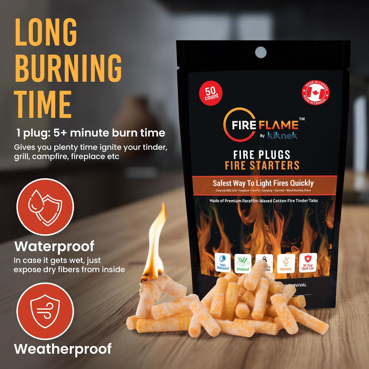 Fireflame Fire Plugs Fire Starter - Quick Instant 100% Waterproof All-Purpose Indoor & Outdoor Firestarter Tinder Tabs, for Emergency Survival, Charcoal Grill - Odorless & Non-Toxic - Total 100 Plugs