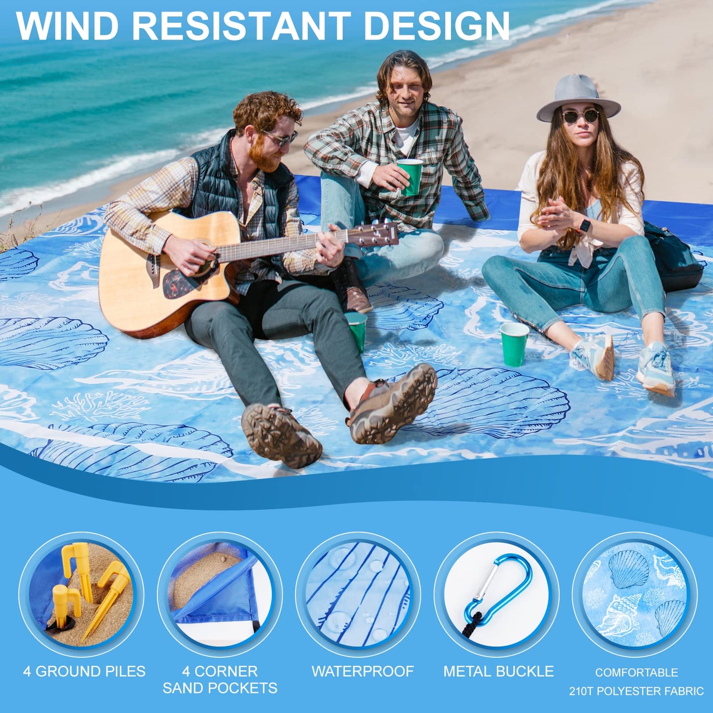 FunQeeu Beach Blanket, Large 83" X 79" Family Size Beach Mat Picnic Blanket Sandproof for 2-8 Adults Compact Lightweight Outdoor Accessories Portable Waterproof Mat for Travel Camping Hiking Vacation