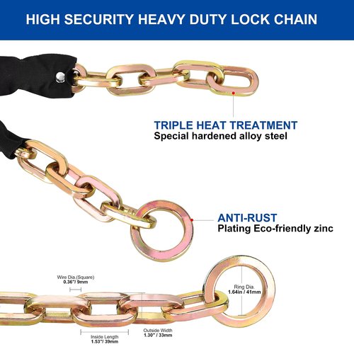 REETOMETAL Heavy Duty Security Chain, 6 Foot x 3/8" Thick Hardened Steel Cut Proof Anti-Theft Lock Chain for Motorcycles, Bicycles, ATVs, Trailers, Containers