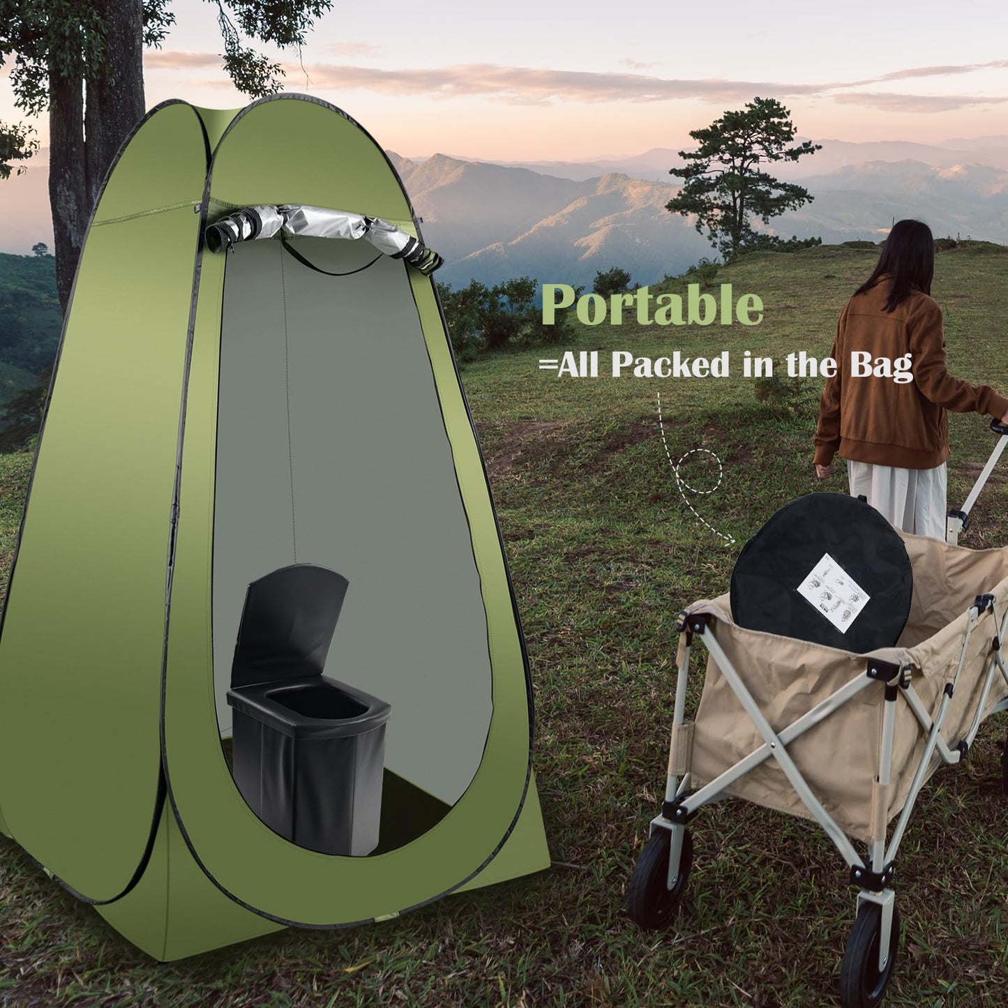 Portable Camping Toilet Kit for Adults, Pop up Privacy Tent, X Large Folding Toilet Potty with Camping Tent, Outdoor Instant Shower Tent Camp Toilet Changing Dressing Room (Green)