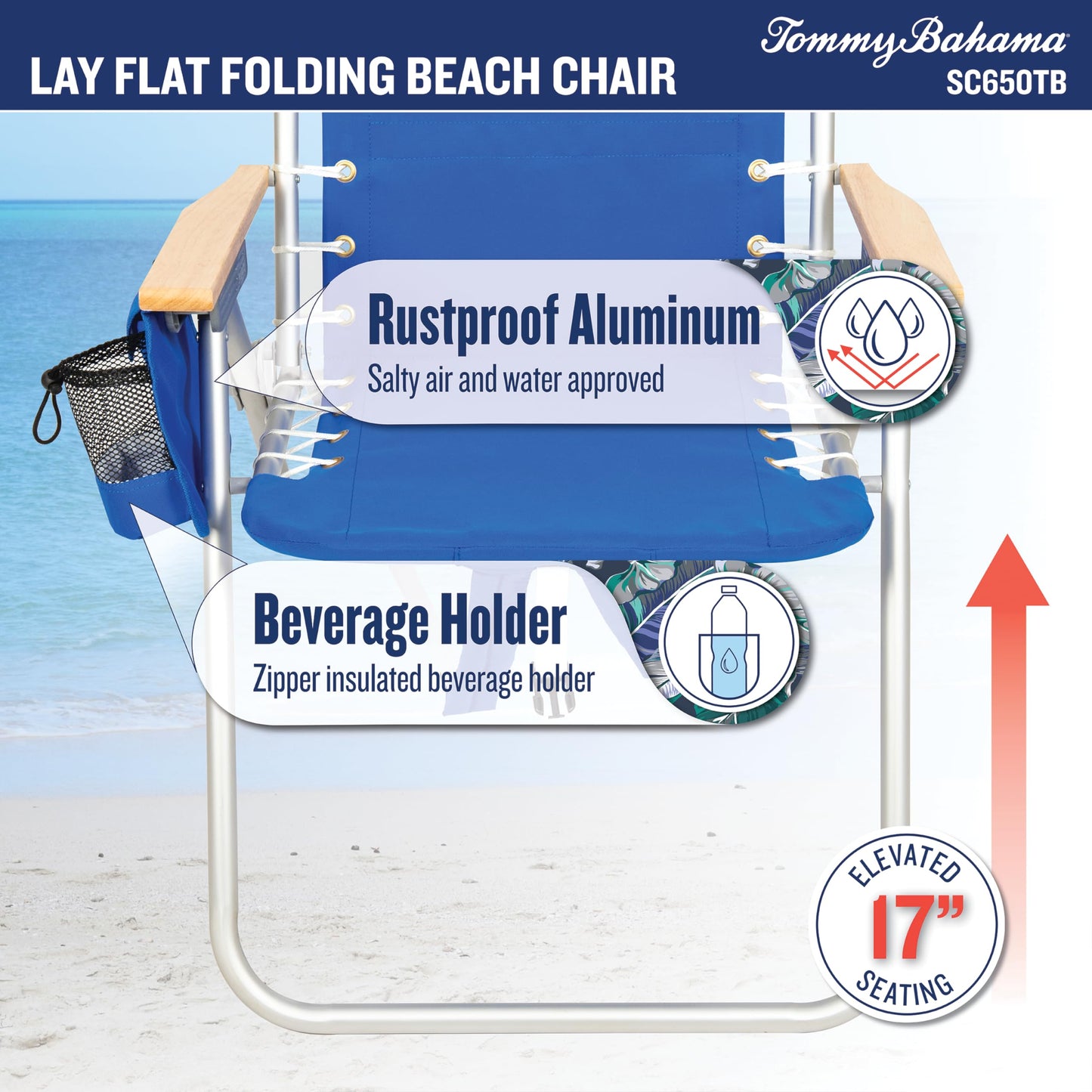 Tommy Bahama Hi-Boy 17" Seat Height 4-Position Lace-Up Suspension Folding Beach Backpack Chair, 2-Pack, Stripe