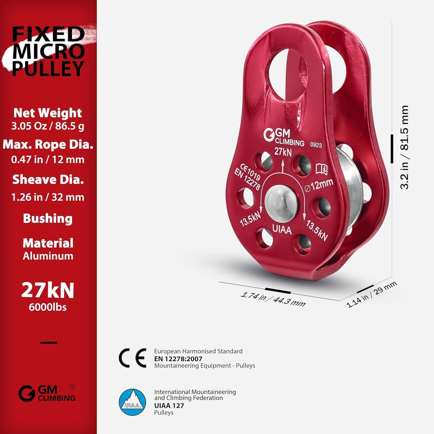 GM CLIMBING Fixed Micro Pulley 27kN CE UIAA Certified Slack Tender for Hitch Tending