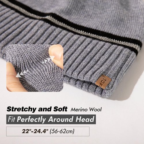 TOP-EX M/L/XL 50% Merino Wool Skull Cap for Men Women Warm Winter Beanie Hats Double Layer Knit Hat with Reflective Strips Soft Cold Weather Hat Large Head Grey