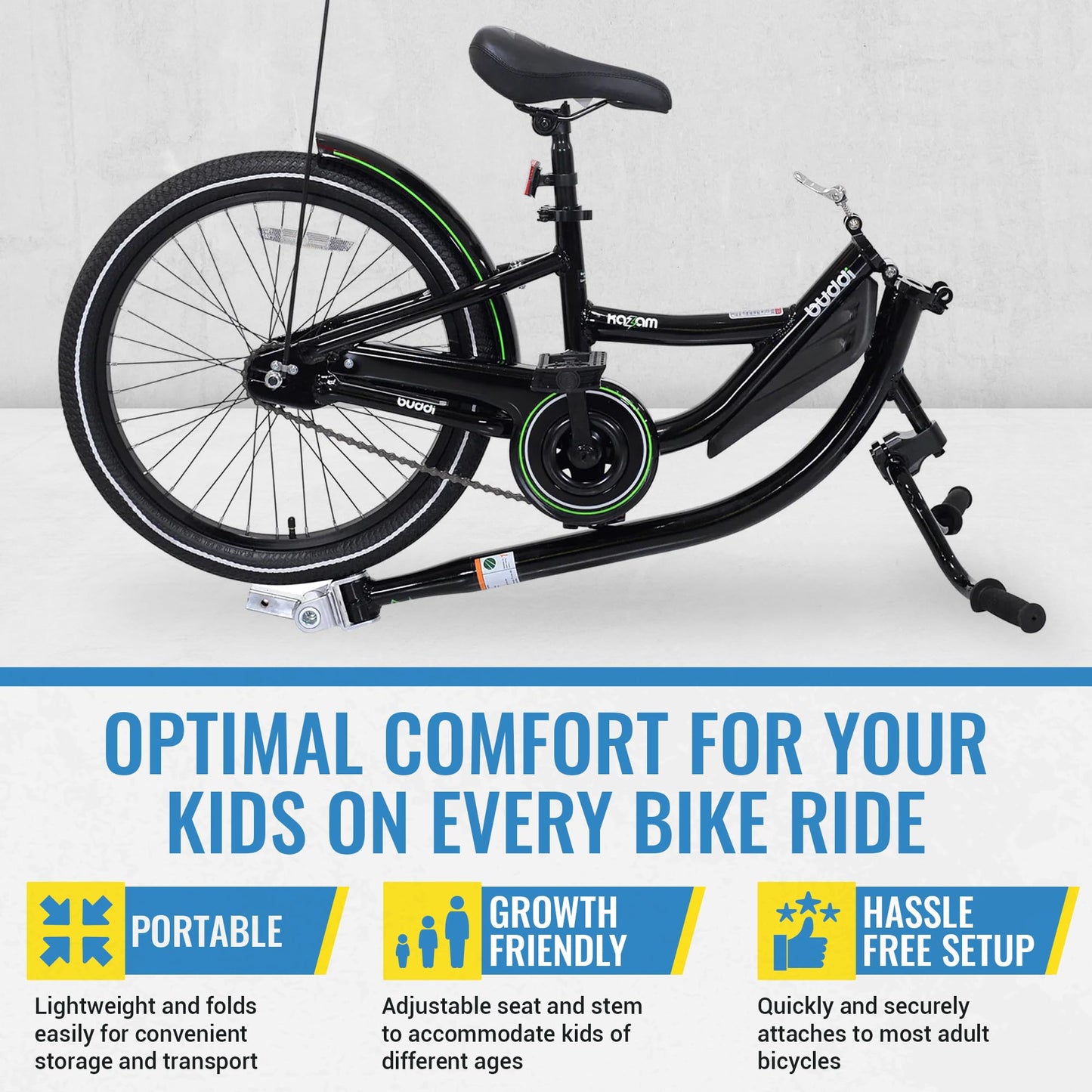 KaZAM Co-Pilot Bike Trailer - 20 Inch Bike Trailer with Adjustable BMX Stem and Handlebar - Lightweight Aluminum Frame and Padded Saddle for Cycling - Perfect for Family Rides - Black