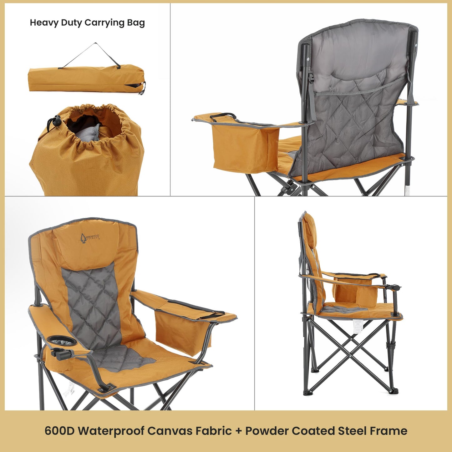 ARROWHEAD OUTDOOR Portable Deluxe Folding Camp Quad Chair w/Headrest, Glass & Cup Holders, Armest 6-can Cooler, Heavy Duty Carry Bag, 550 lbs Weight Capacity