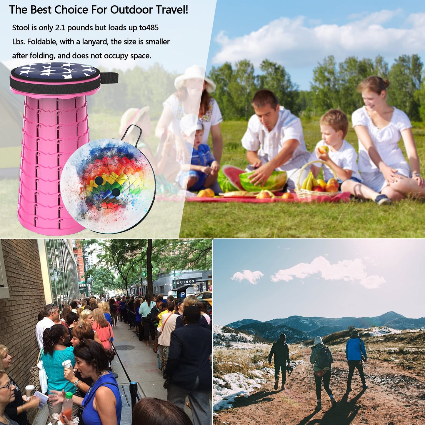 ALEVMOOM Upgraded Telescoping Collapsible Stool with Cushion, Folding Stool with Printing Portable Retractable Foldable Seat Max Load 550lbs for Adults Camping Fishing Outdoor