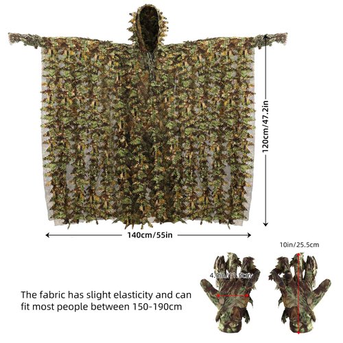 PELLOR Ghillie Suit, 3D Leafy Camo Poncho with Gloves Set, Camouflage Apparel Set for Hunting, Photography, Military, Airsoft, Paintball