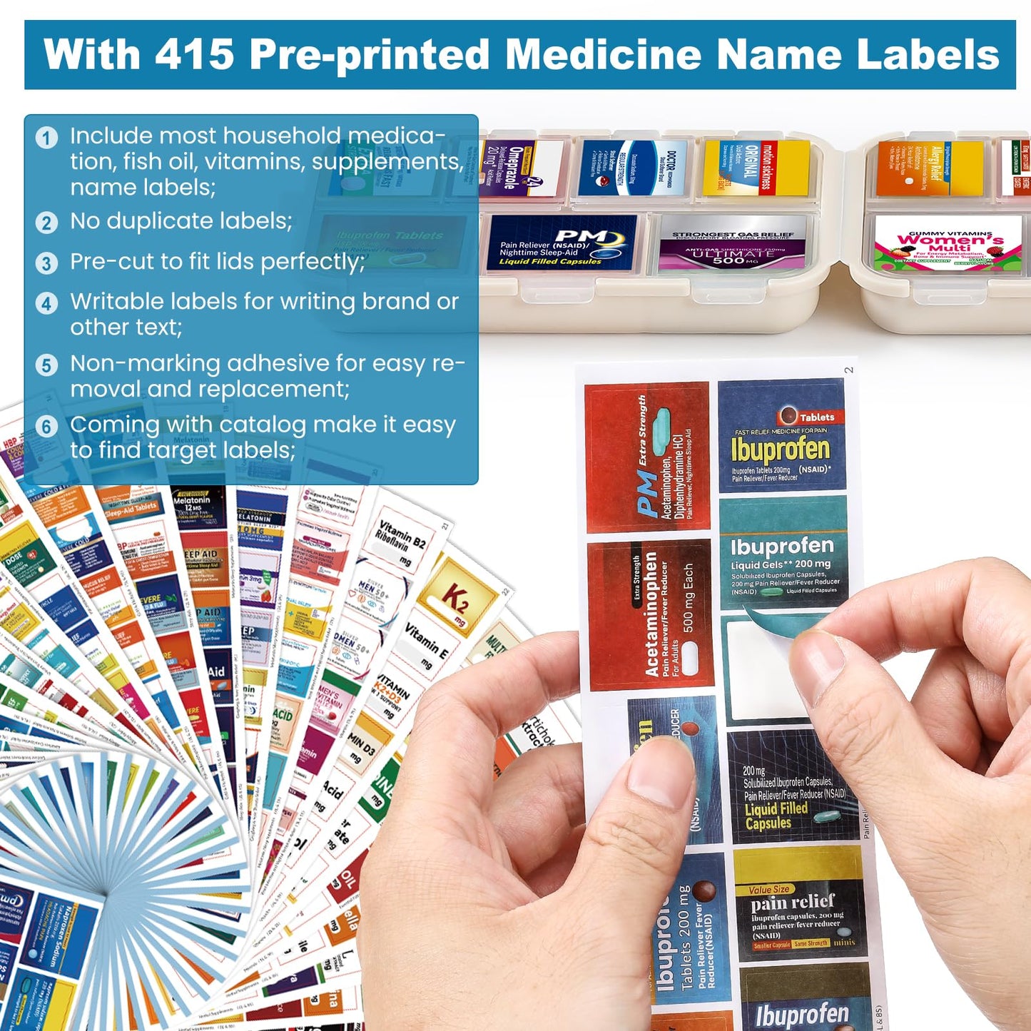 3 Pack 14 Grids Travel Pill Organizer Box with 415-Pcs Medicine Name Labels - Pocket Daily Pharmacy Case Container Kit - Travel Medication Holder Dispenser for Fish Oil Vitamin Supplement Storage