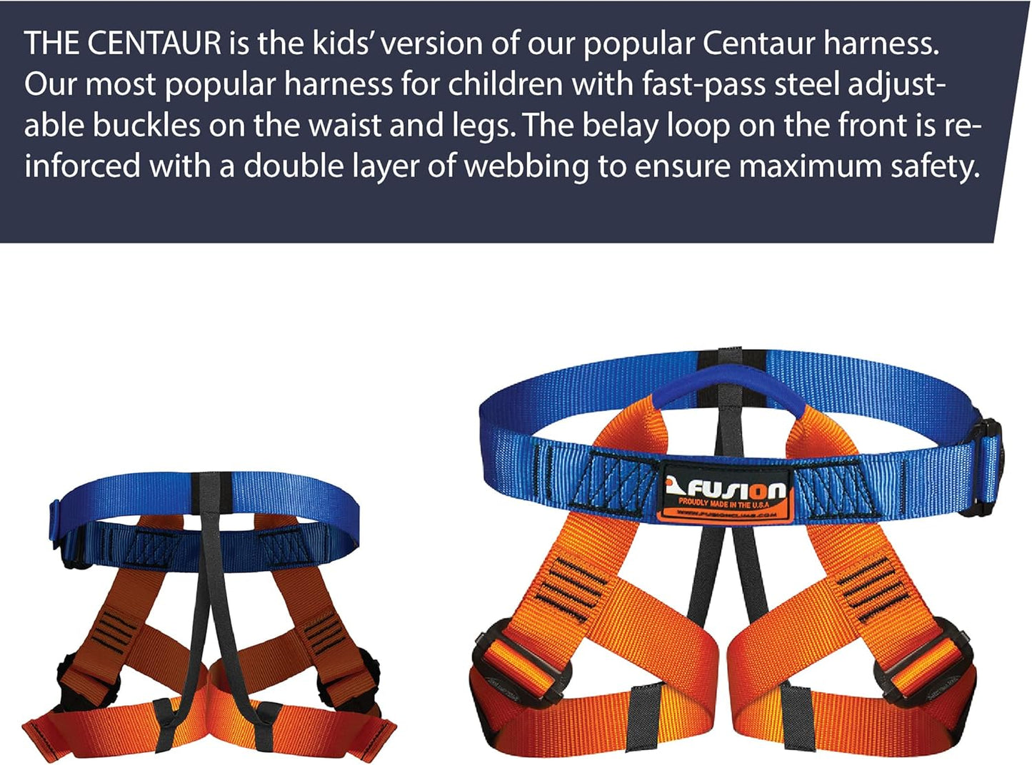 Fusion Adjustable Outdoor Strap Kit for Kids – Padded Belt with Leg Loops for Tree Adventures, Indoor Obstacle Play & Gear Attachment – Blue/Orange
