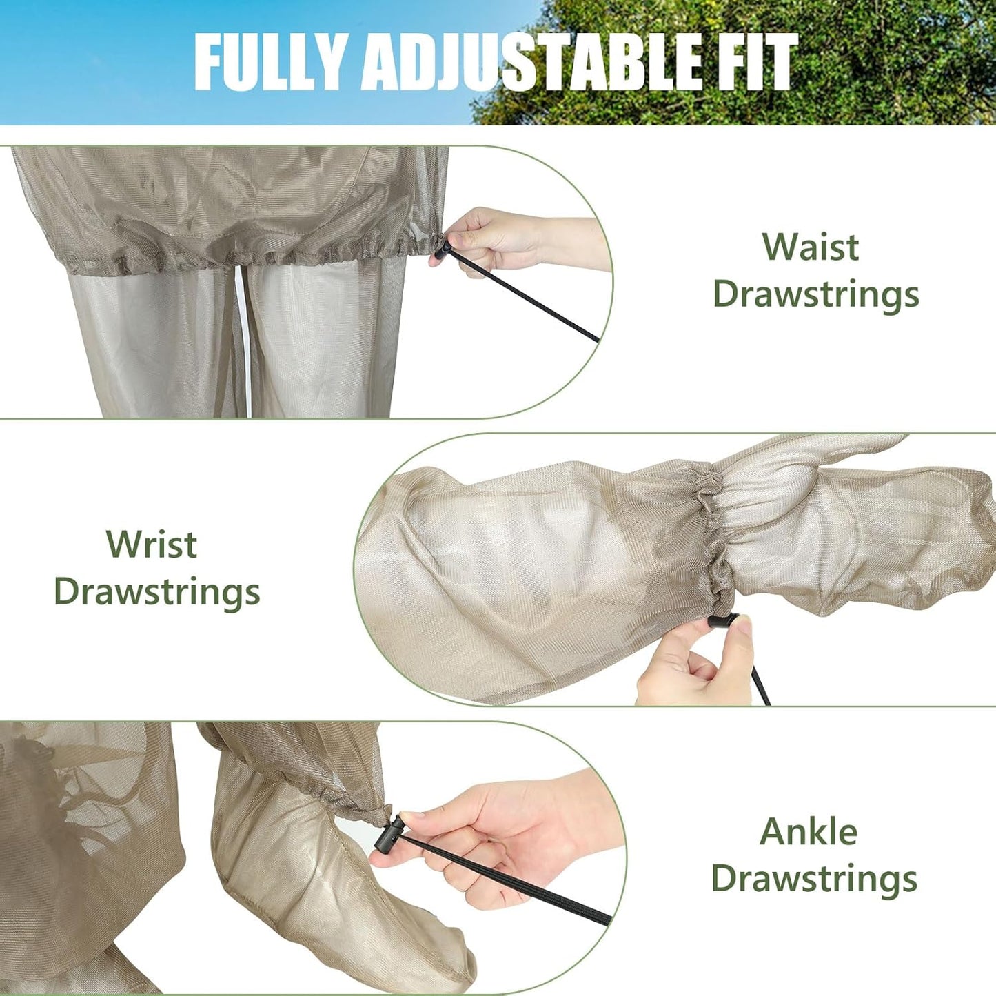 HOMEYA Bug Jacket L/XL, Anti Mosquito Netting Suit with Zipper on Hood Ultra-fine Mesh Pants Mitt Socks with Free Carry Pouch for Protecting Hunting Fishing Men Women