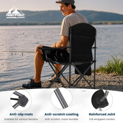 HIGH POINT SPORTS Portable Camping Chair, Heavy Duty Outdoor Folding Chair with Armrest, Foldable Camp Chair with Cup Holder, Portable Lawn Chair for Adults Support 350 LBS, Blue-Gray
