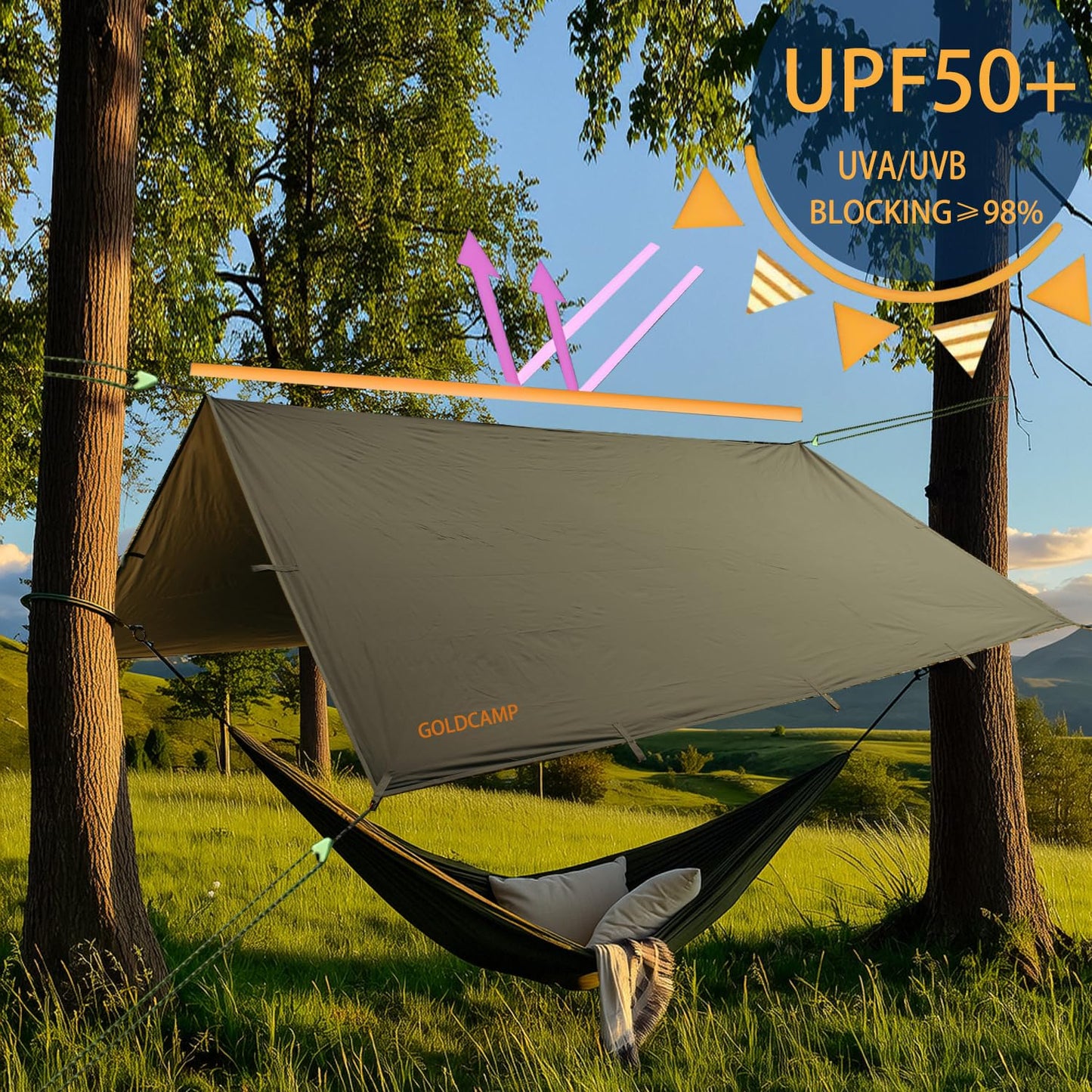 GOLDCAMP Waterproof Camping Tarp，70D Nylon 10X10FT Hammock Rain Fly ，UV 50+ and PU15000mm Tent Tarp Shelter Canopy，Heavy Duty Multifunctional Sun Shade or Rain Fly Essentials for Hiking Backpacking