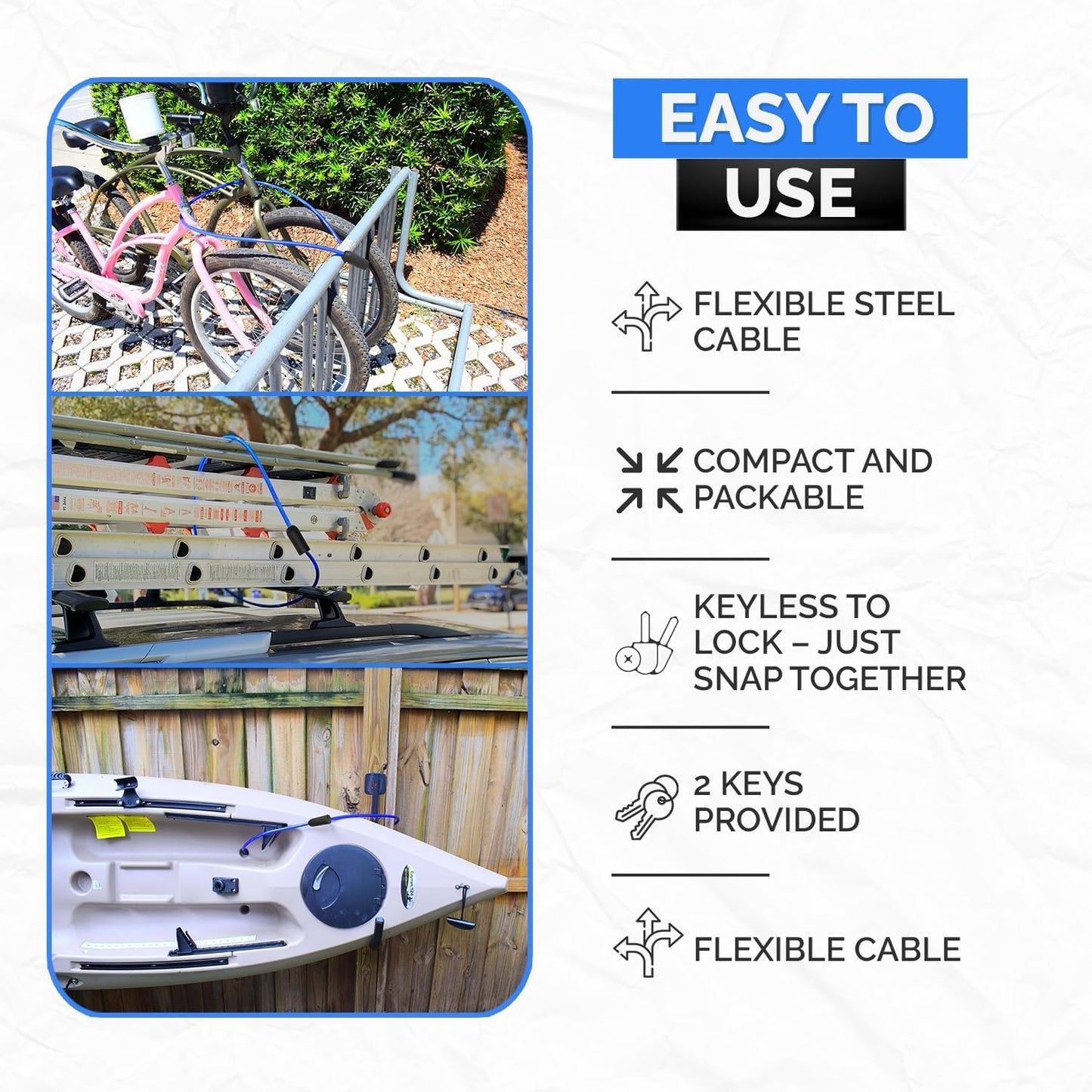 Weatherproof Security Cable Lock with Keys (5ft to 25ft Lengths) Anti-Theft for Kayak, Bike, Paddleboard, Scooter, Equipment, Bicycle