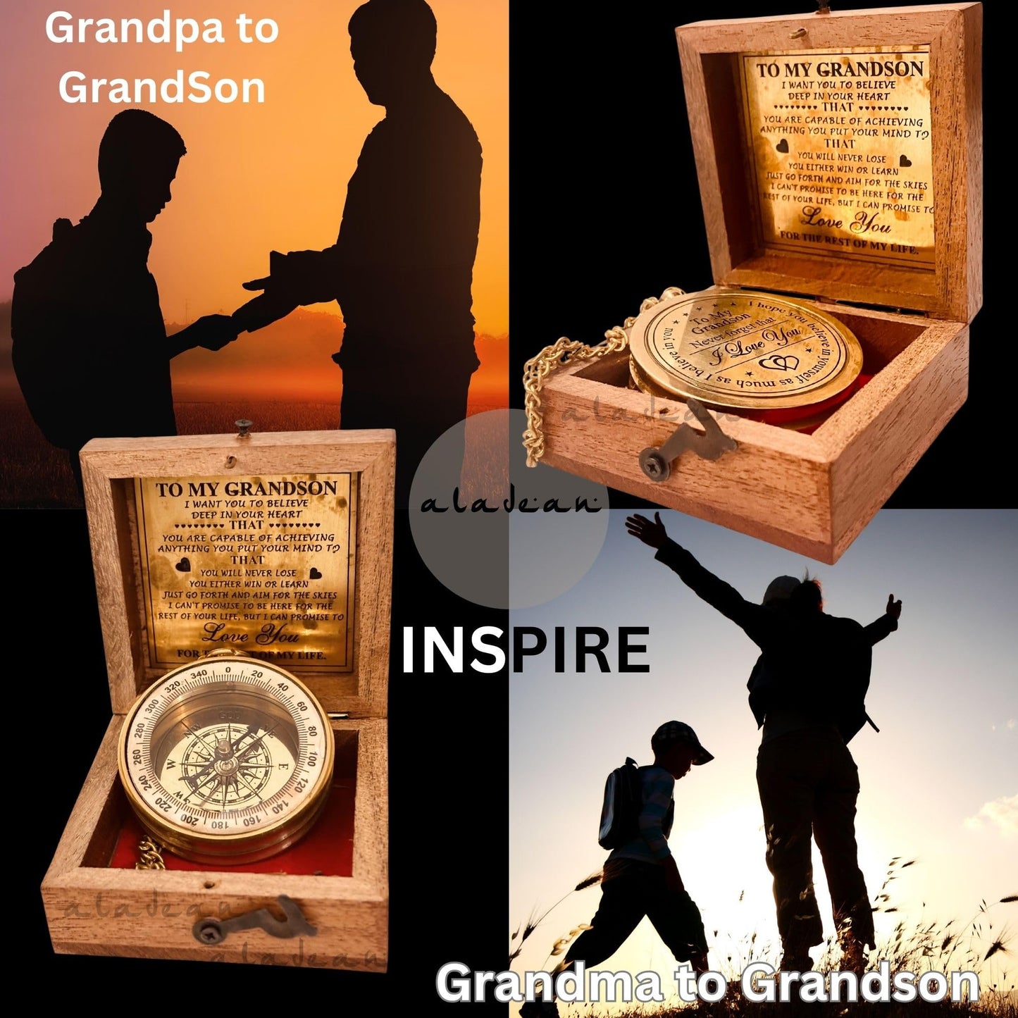 ALADEAN Brass Grandson's Divine Path Finder Compass - Engraved Quote, Wood Box, Uplifting Gift