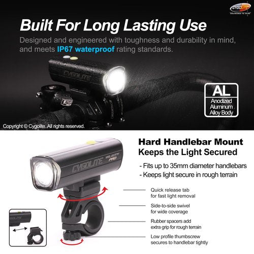 Cygolite Velocity Pro 1,600 Lumen Bicycle Light– Anodized Aluminum Alloy– 9 Light Modes– Fine Tunable Brightness- Compact, IP67 Waterproof– Secure Hard Mount– USB-C Recharge– Road & Mountain Bicycles