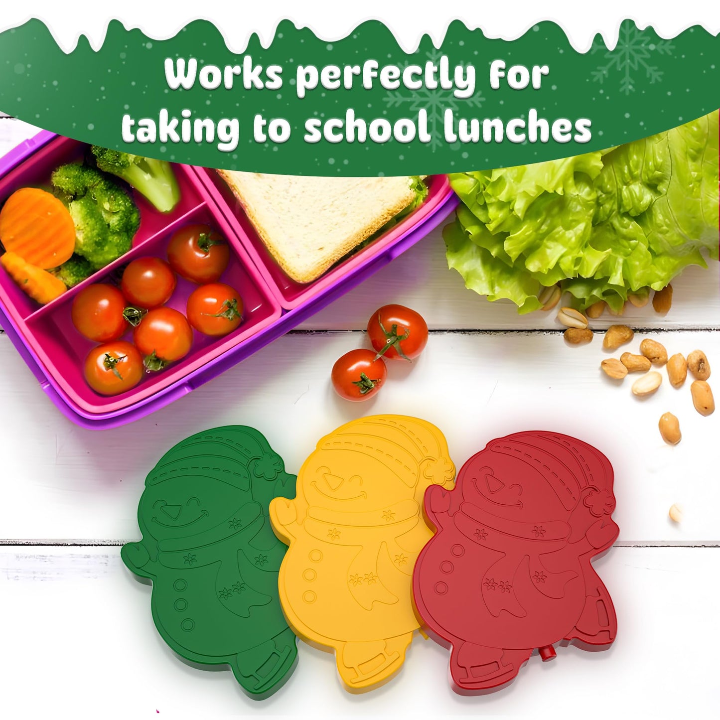 HiYZ Kids Ice Packs, Long-Lasting Ice Packs for Lunch Boxes, Slim & Reusable Icepacks Cooler Ideal for School, Parties, Travel, Multicolored (Snowman-3 Pack)