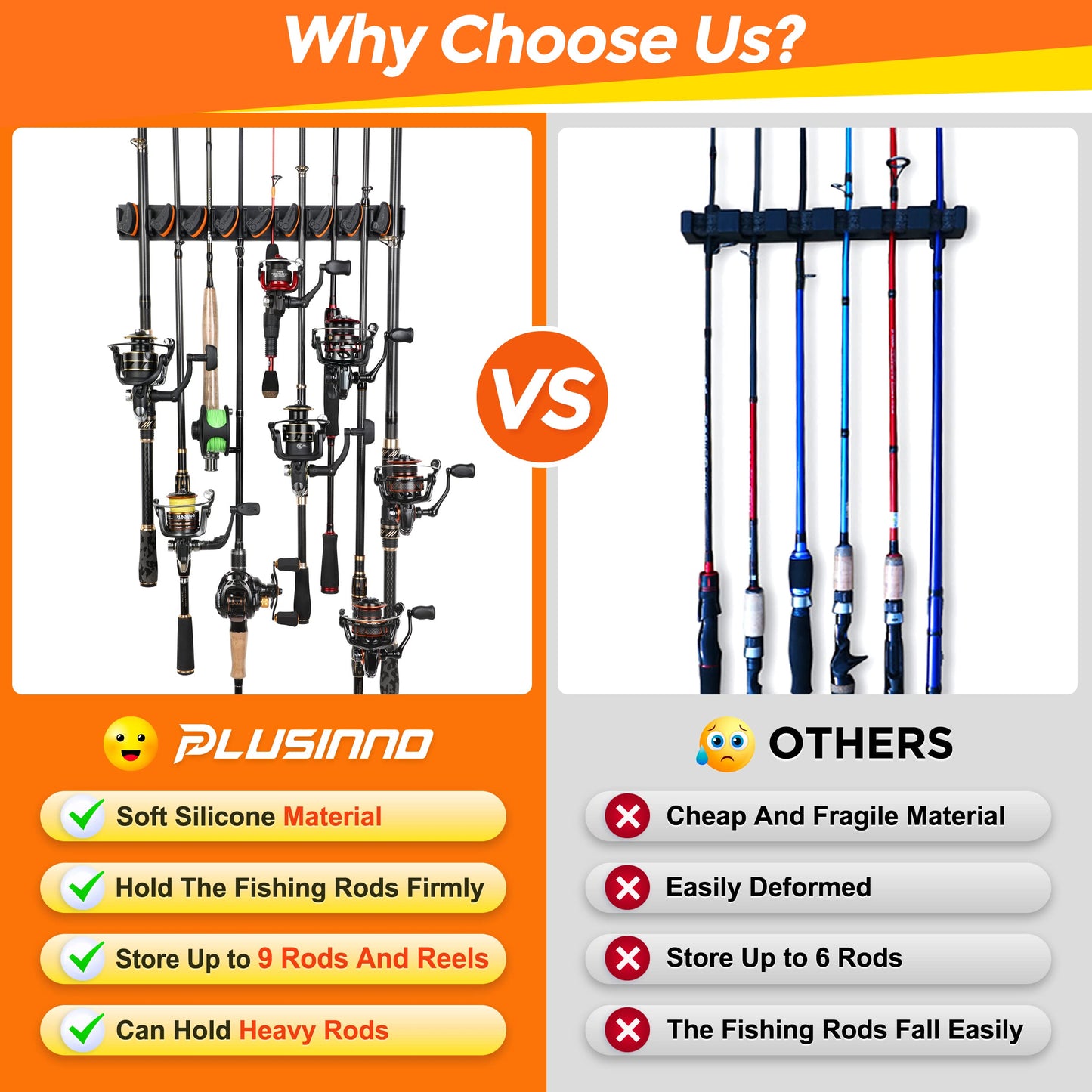 PLUSINNO V9 Vertical Fishing Rod Holders, Wall Mounted Fishing Pole Holders, Fishing Rod Rack Holds Up to 9 Rods or Combos, Fishing Rod Holders for Garage, Fits Most Rods of Diameter 3-19mm