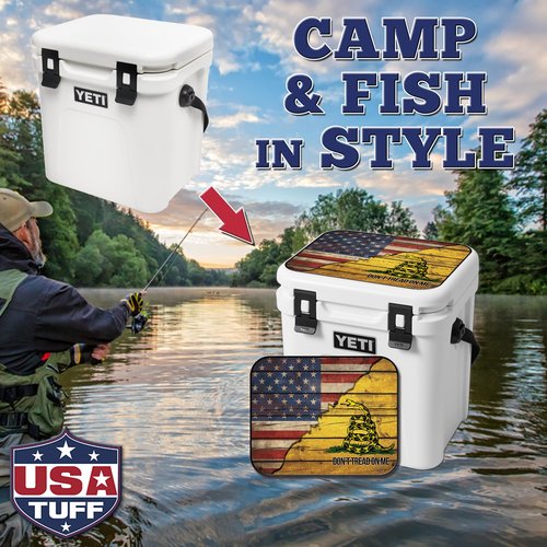 USATuff Vinyl Cooler Lid Kit Compatible with YETI 24 qt Roadie | Easy Peel & Stick Application Cooler Skin Decal Wrap | Durable Pre-Cut Pieces | Made for Outdoor Use - Gadsden Don't Tread Split