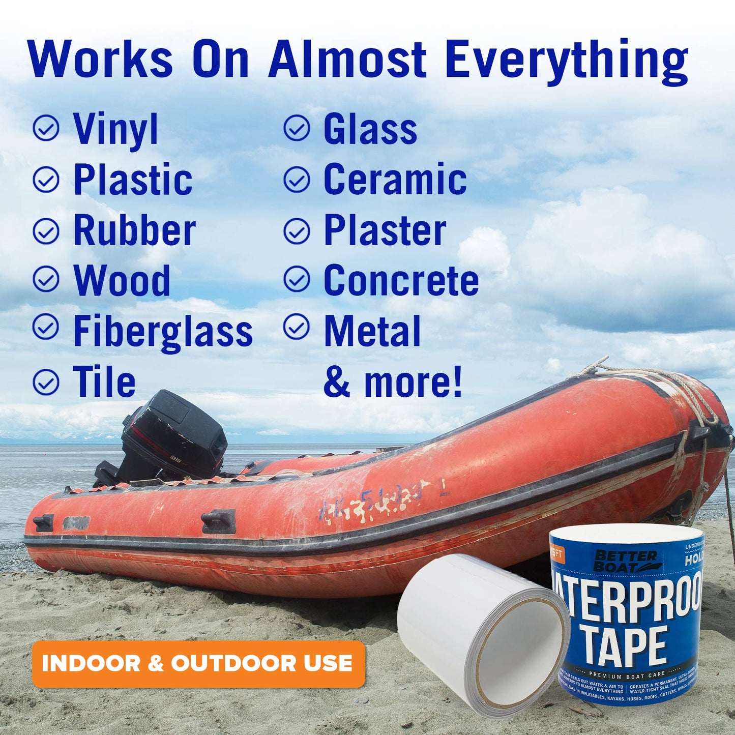 Better Boat White Waterproof Tape for Leaks Heavy Duty Marine Grade Seal Tape, 15 ft x 4 in, Shower, Pool, RV, Roof Patching and Sealing