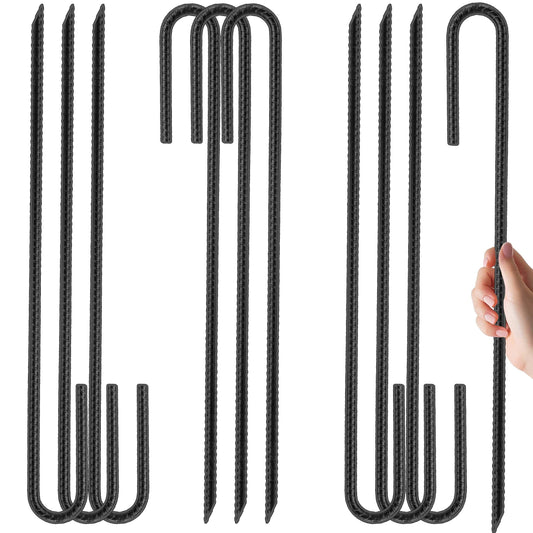 Kingsyard 10 Pack Tent Stakes Heavy Duty, 12 Inch 1/4 Inch Diameter J Shape Hook Rebar Stakes, Galvanized Steel Ground Anchors Metal Spikes for Yard, Hoses Landscape, Chain Link Fence, Black
