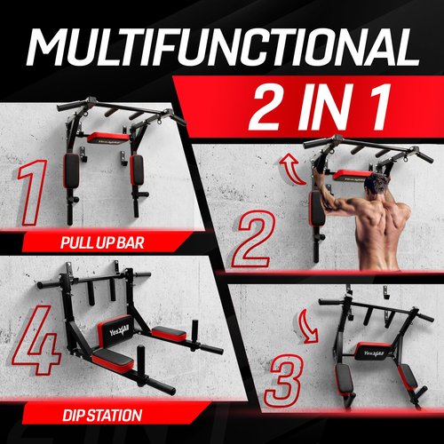 Yes4All Multifunctional Wall Mounted Pull Up Bar Chin Up Bar Dip Station for Home Gym Workout, Power Tower Set Training Equipment Fitness Supports 515 lbs