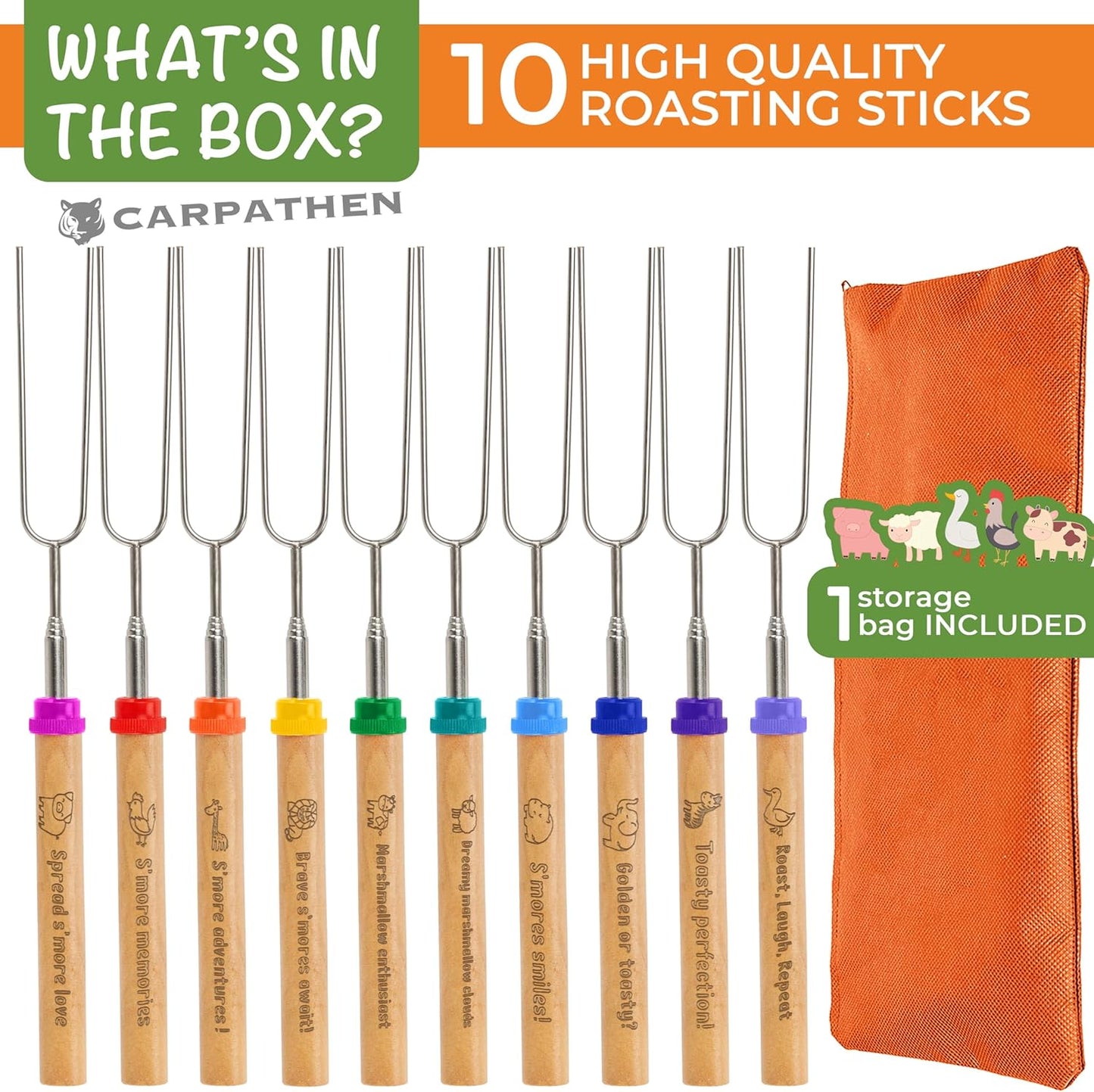 CARPATHEN Marshmallow Roasting Sticks - Set of 6 Premium Rotating Smores Sticks - Extra Long Telescoping Marshmallow Sticks for Fire Pit, Campfire & Bonfire - Camping Accessories