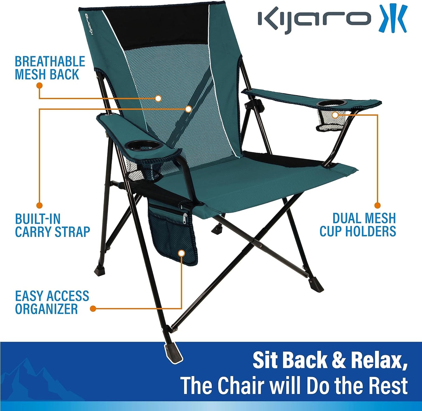Kijaro Enjoy Versatile Folding Sports, Outdoor Chair & Lawn Chair, Dual Lock Feature, Maldives Blue (Hard Arm)
