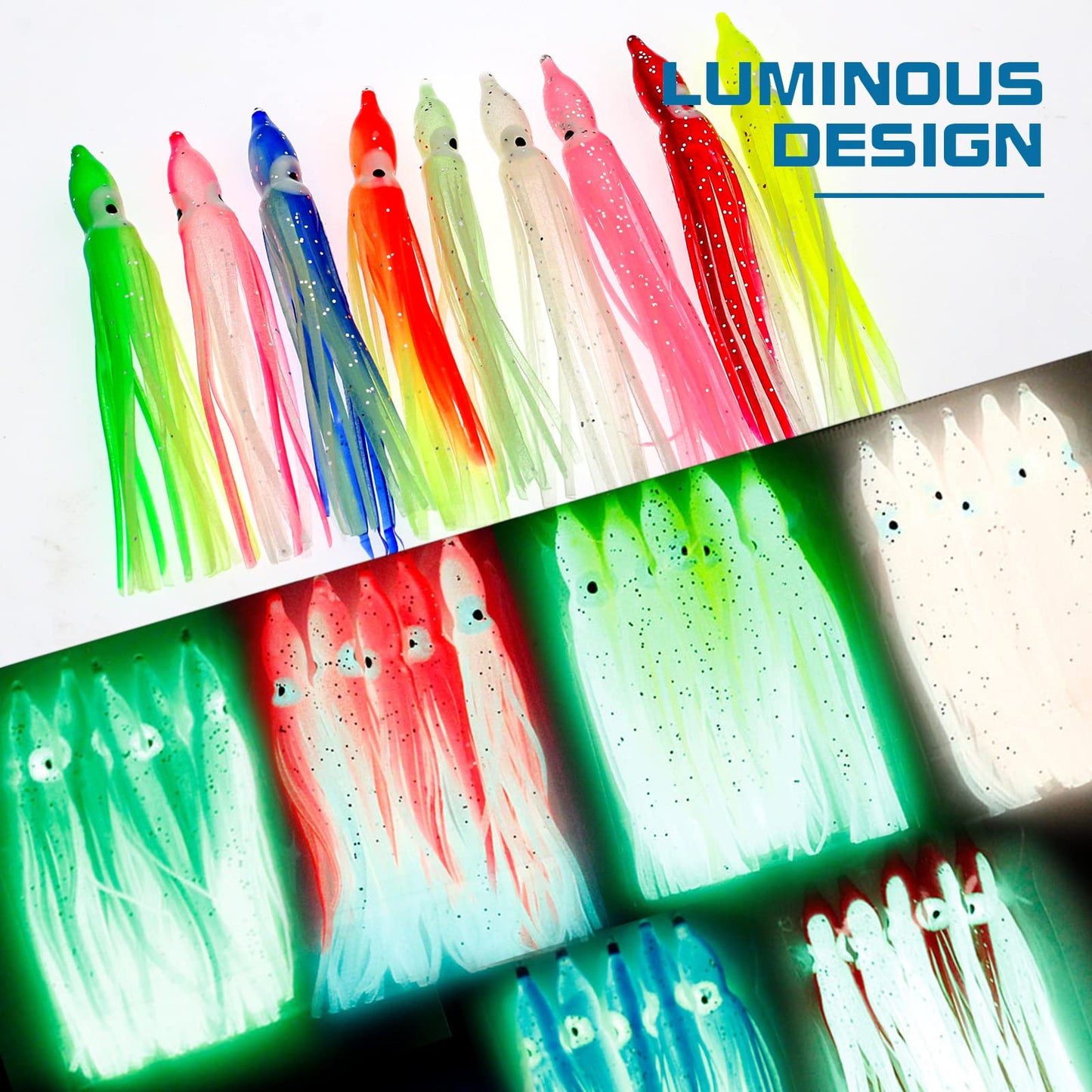 Gefischtter 50PCS Squid Swimbait Fishing Soft Plastic Lures Glow Octopus Skirt Worm Lure Kit for Sea Fishing (3.54in)