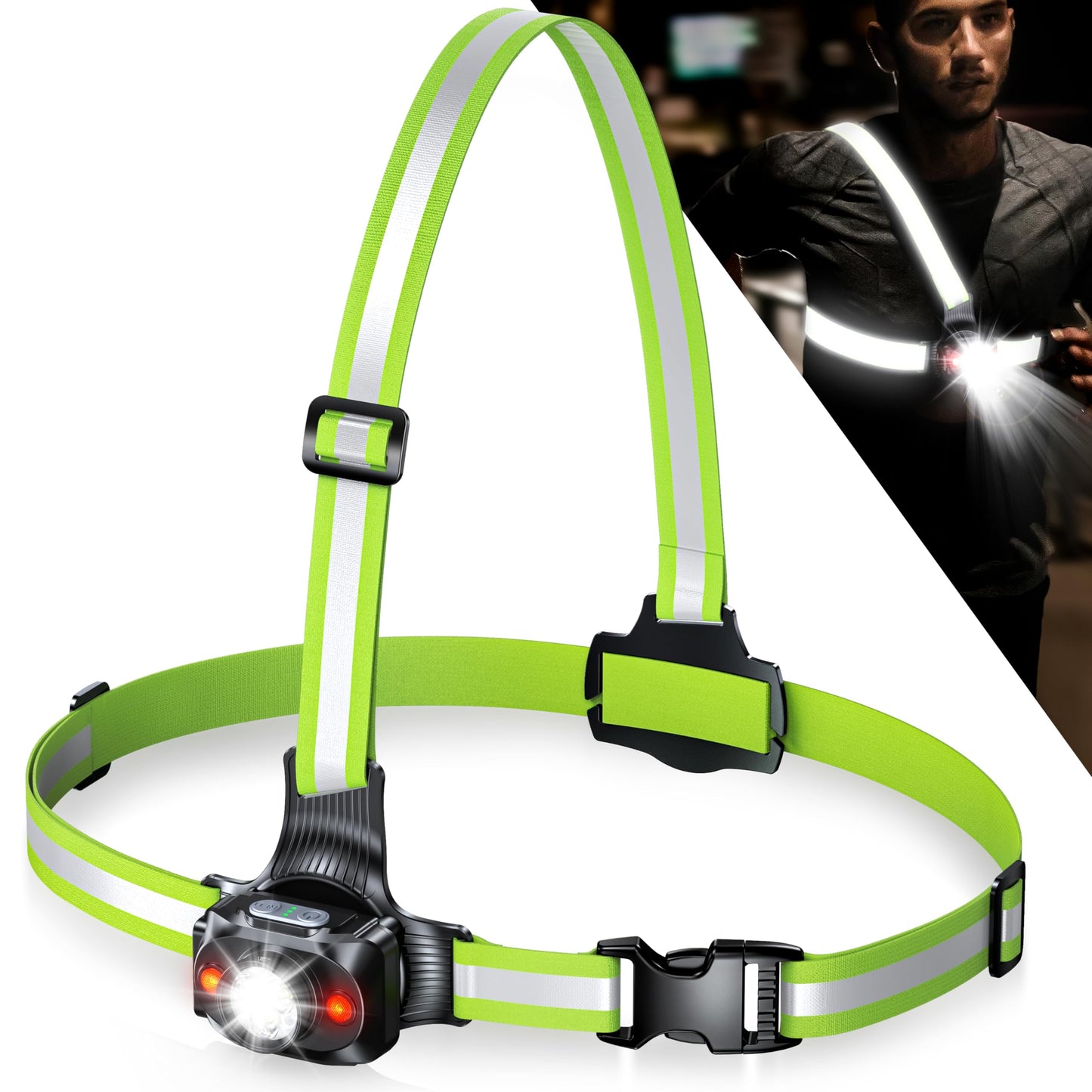 ISEYOU Running Lights for Runners, 500 Lumens Run Light with 360° Reflective Straps, IPX4 Waterproof & USB Rechargeable, 45° Adjustable Chest Running Light Vest for Night Walking, 4-16h Use Time