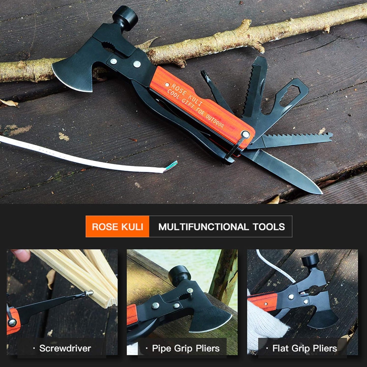 Camping Gear Multitool, Cool & Unique Birthday Gifts for Men Dad Husband Boyfriend, 18-in-1 Survival Gear for Outdoor Hunting Hiking, Emergency Escape Tool with Axe,Hammer,Plier,Knife,Bottle Opener
