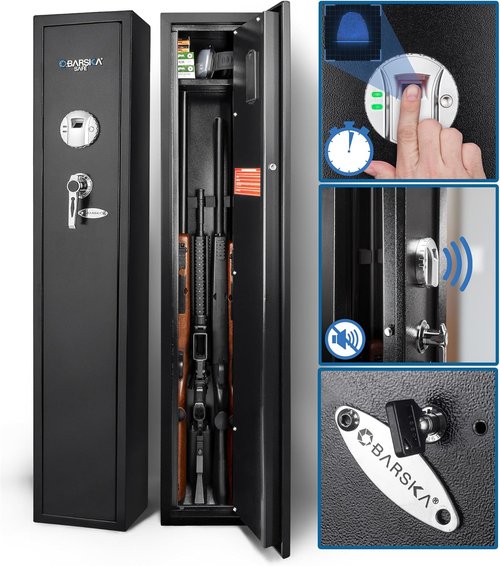 Barska Biometric Rifle Gun Safe – Quick Access Fingerprint Long Gun Safe for Home, DOJ Approved, Silent Mode, Removable Shelf, Backup Keys & Battery