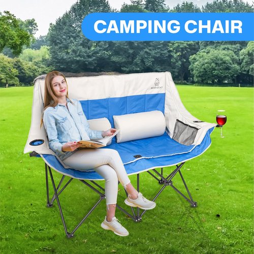 BEARSEAT Double Camping Chair – Foldable Chair with Lumbar Support Cushions and Carry Bag – Padded Portable Heavy-Duty Loveseat with 4 Mesh Pockets, 2 Cup Holders, Wine Glass Holder
