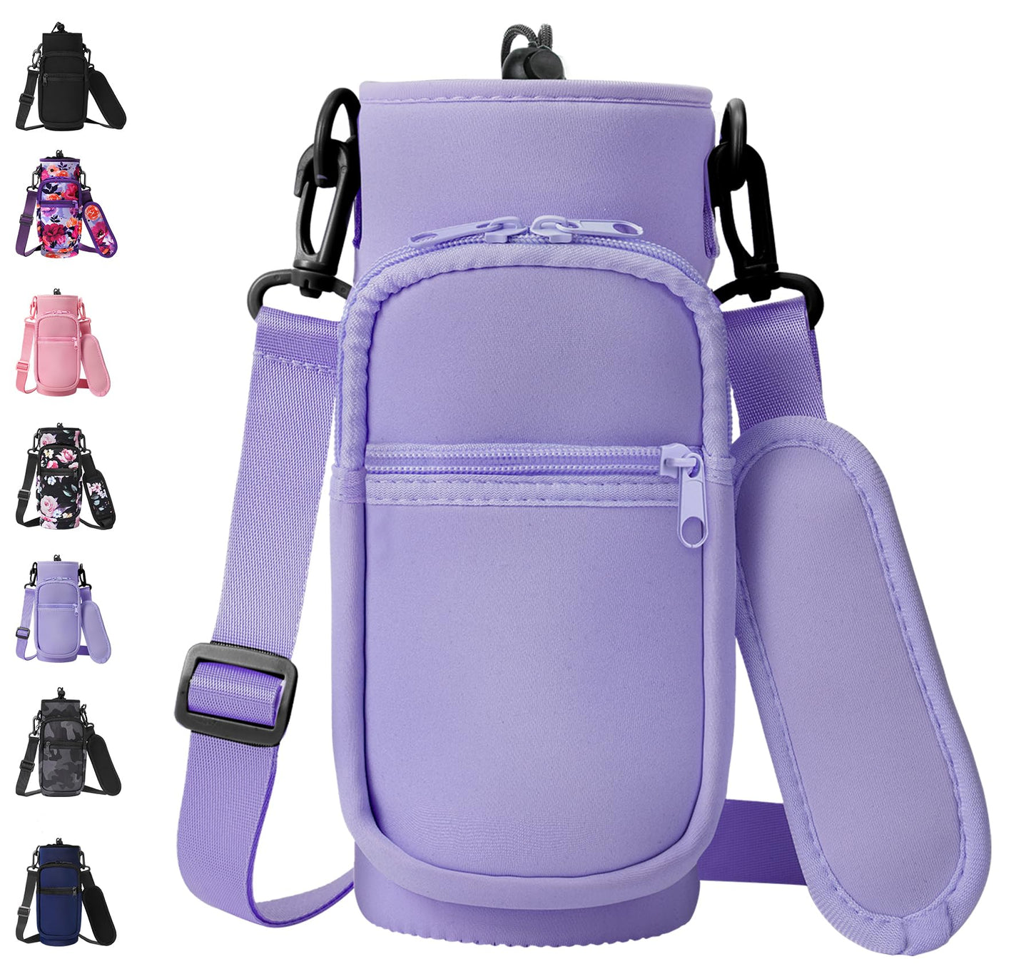 AceTreker 32 oz 40 oz Water Bottle Sling with 2 Pockets, Neoprene Water Bottle Holder with Strap, Sport Bottle Sleeve for Traveling, Walking, Camping-Purple