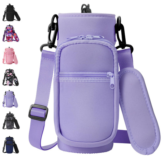 AceTreker 32 oz 40 oz Water Bottle Sling with 2 Pockets, Neoprene Water Bottle Holder with Strap, Sport Bottle Sleeve for Traveling, Walking, Camping-Purple