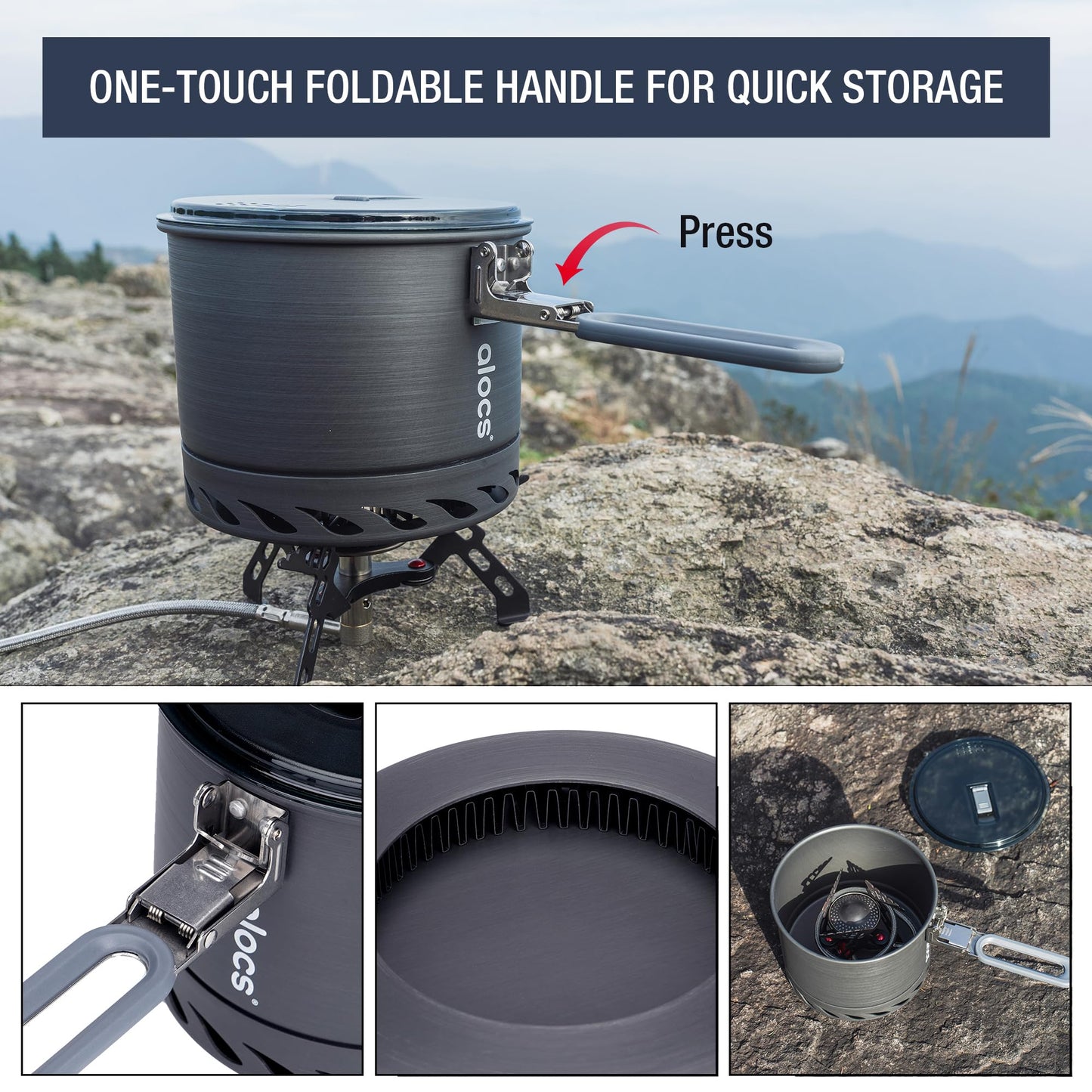 Alocs 1.4L Camping Pot, Lightweight Camping Cookware with Heat Exchanger, Portable Durable Camping Essentials Cooking Set for Backpacking Hiking Traveling