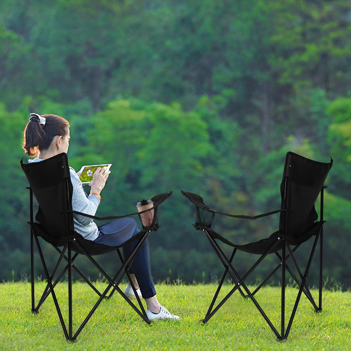 Leonyo 2Pcs Folding Camping Chairs, Outdoor PortableLawn Chairs for Adults with Cup Holders, Carrying Bag for Outside Beach, Sports, Hiking, Black