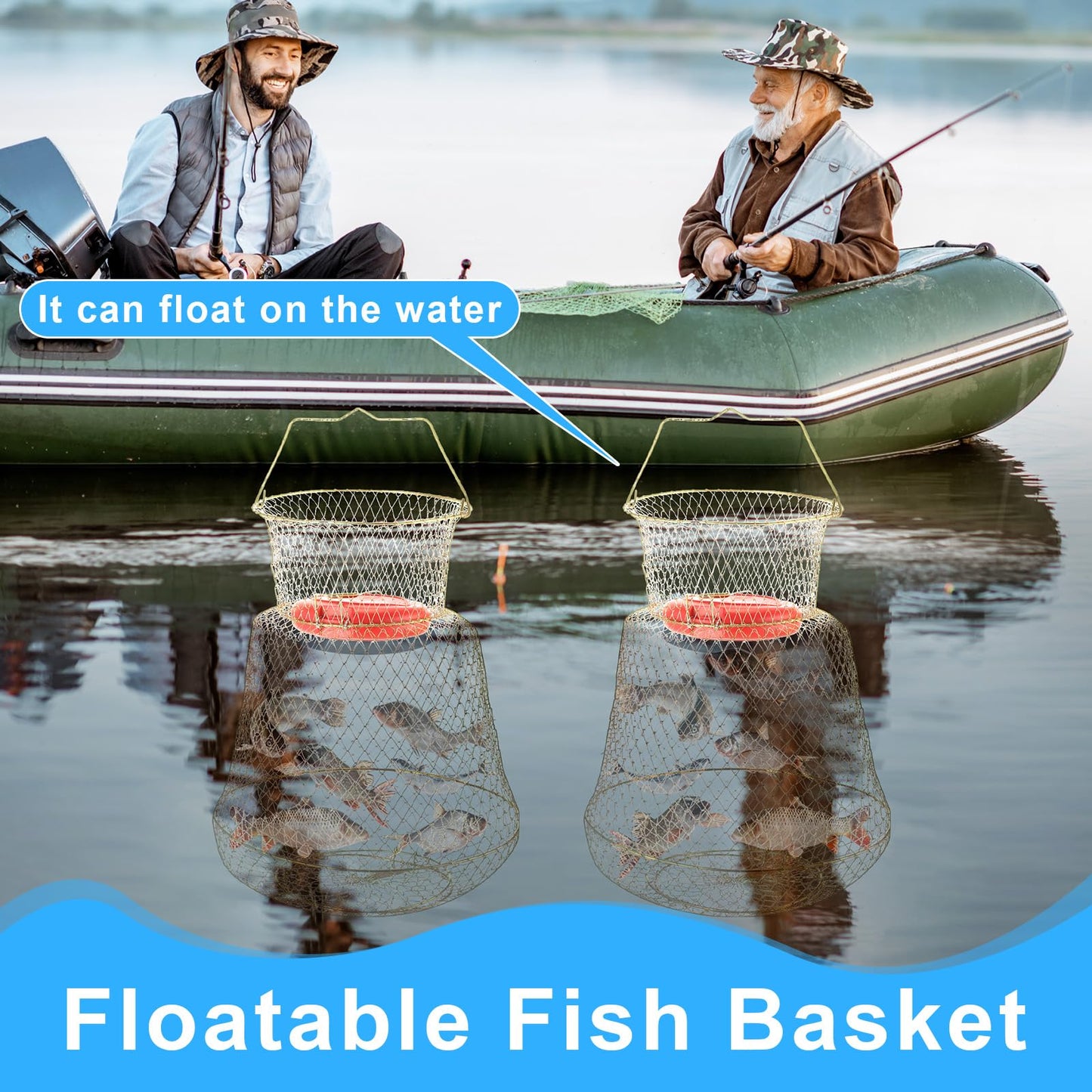 Hollowfly 2 Pcs Steel Wire Fish Basket and Fishing Landing Net with Extension Aluminum Telescoping Pole Includes 1 Portable Fishing Net with Handle 1 Collapsible Wire Fishing Basket for Women Men