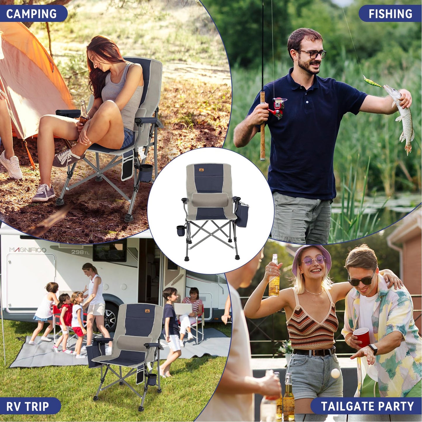 Ablazer Camping Chairs for Adults, Support 350 LBS Folding Chairs for Outside, Lawn Chairs Heavy Duty with Cooler Bag & Cup Holder (Blue & Grey)