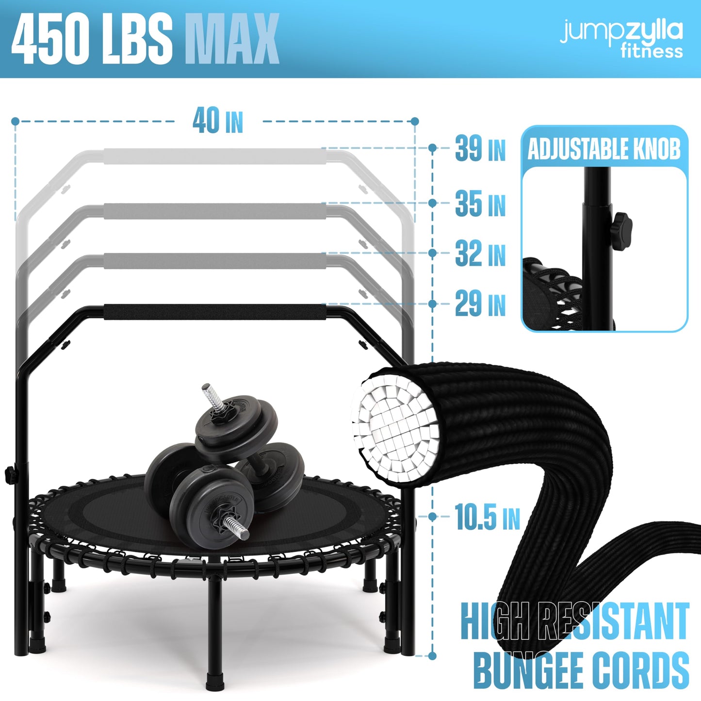 Jumpzylla Fitness Trampoline 40"| Foldable Mini Rebounder Trampoline for Adults with Bar | Durable, Quiet, Low-Impact Exercise Equipment for Indoor and Home Workouts (450 LBS Capacity)