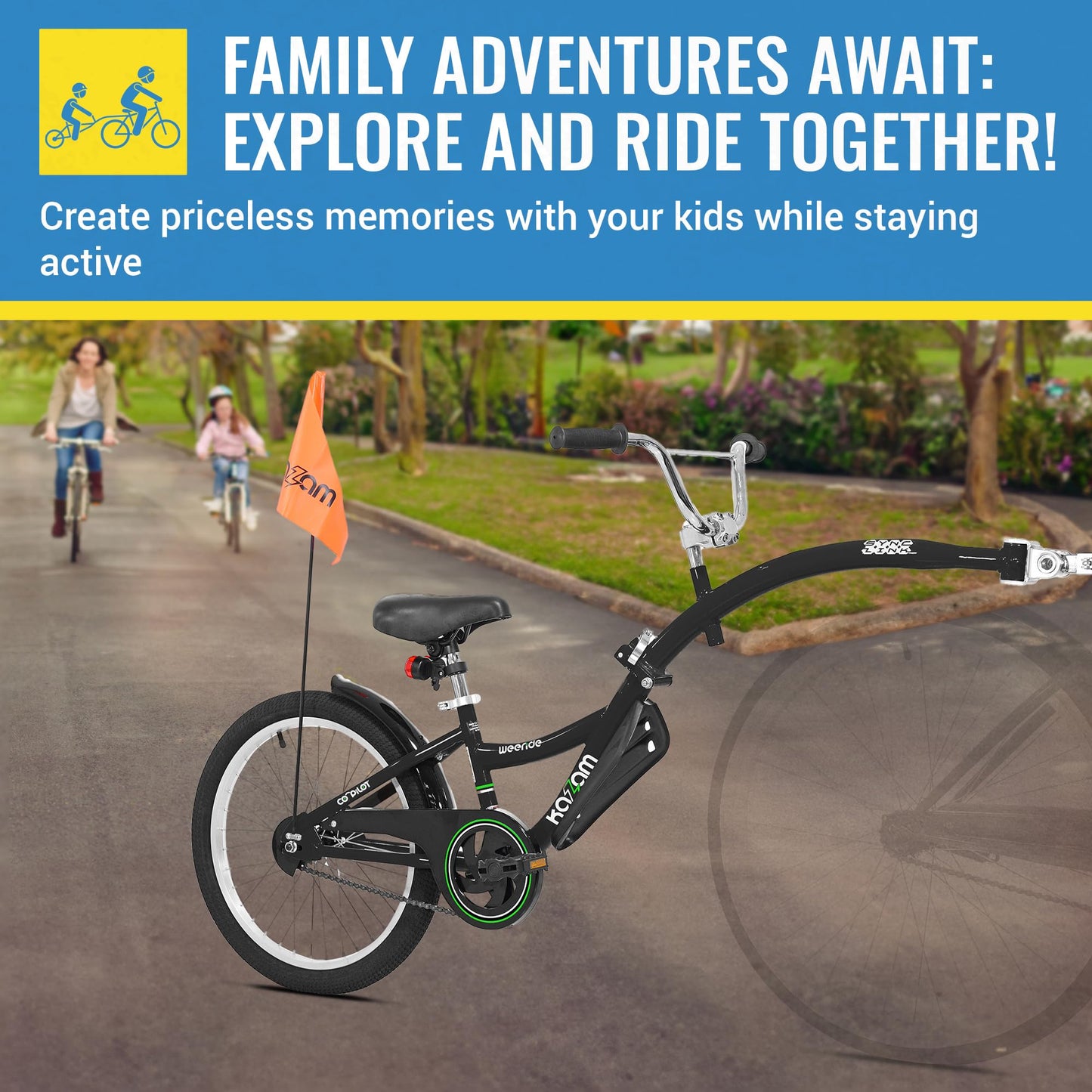 KaZAM Co-Pilot Bike Trailer - 20 Inch Bike Trailer with Adjustable BMX Stem and Handlebar - Lightweight Aluminum Frame and Padded Saddle for Cycling - Perfect for Family Rides - Black