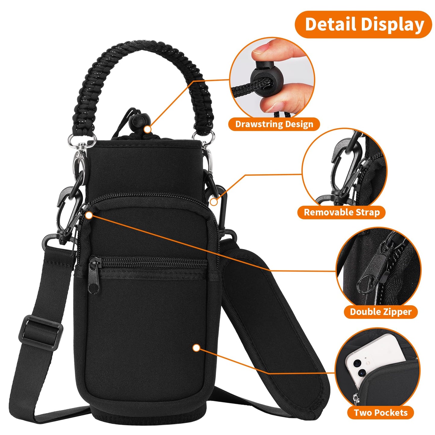 AceTreker 32 oz 40 oz Water Bottle Sleeve, Insulated Water Bottle Holder with Strap & Paracord Handle, Carrier Sling Bag with Phone Pocket for Walking Hiking-Black