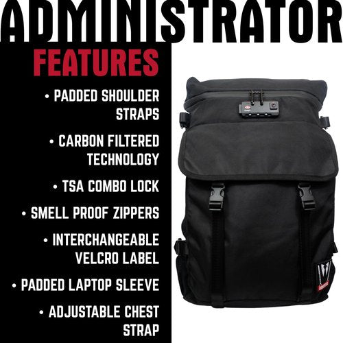 DIME BAGS Smell-proof - The Administrator Backpack, Spillproof Zippers, Secret Pocket, Made w/Water-Resistant Polyester Blend, Carbon-Filtered Technology (Black)