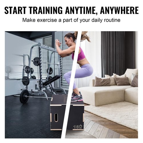 VEVOR 3 in 1 Plyometric Jump Box, Easy-to-Assemble Wood Plyo Box for Jumping Trainers, Home Gym Training and Conditioning, 24" x 20" x 16"